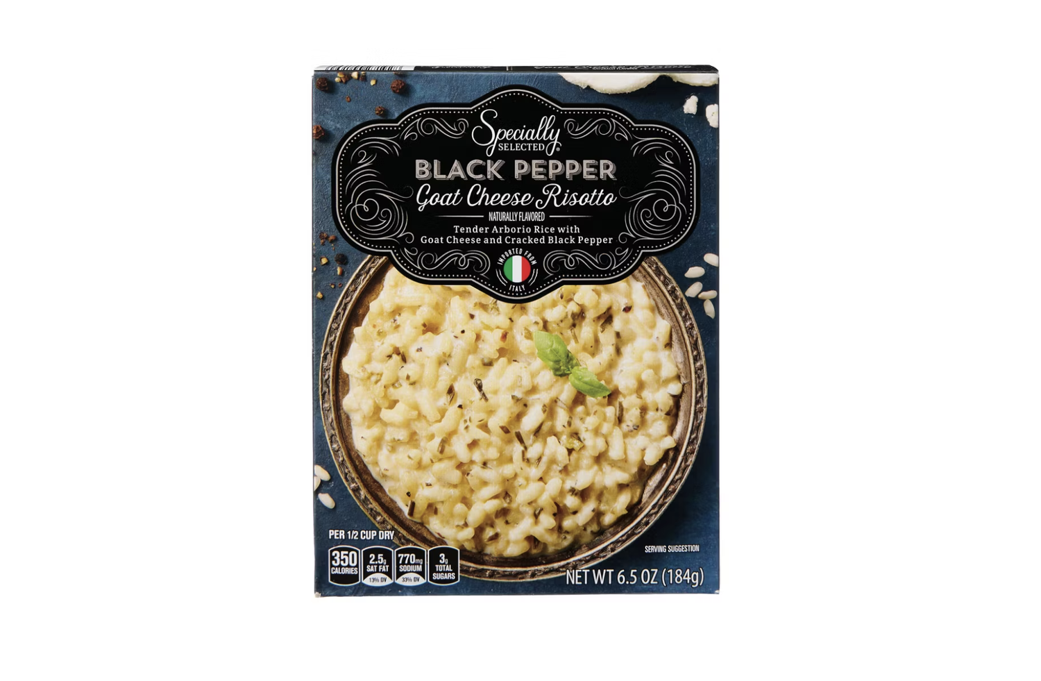 Package of Specially Selected Black Pepper Goat Cheese Risotto showing a bowl of risotto on the front label