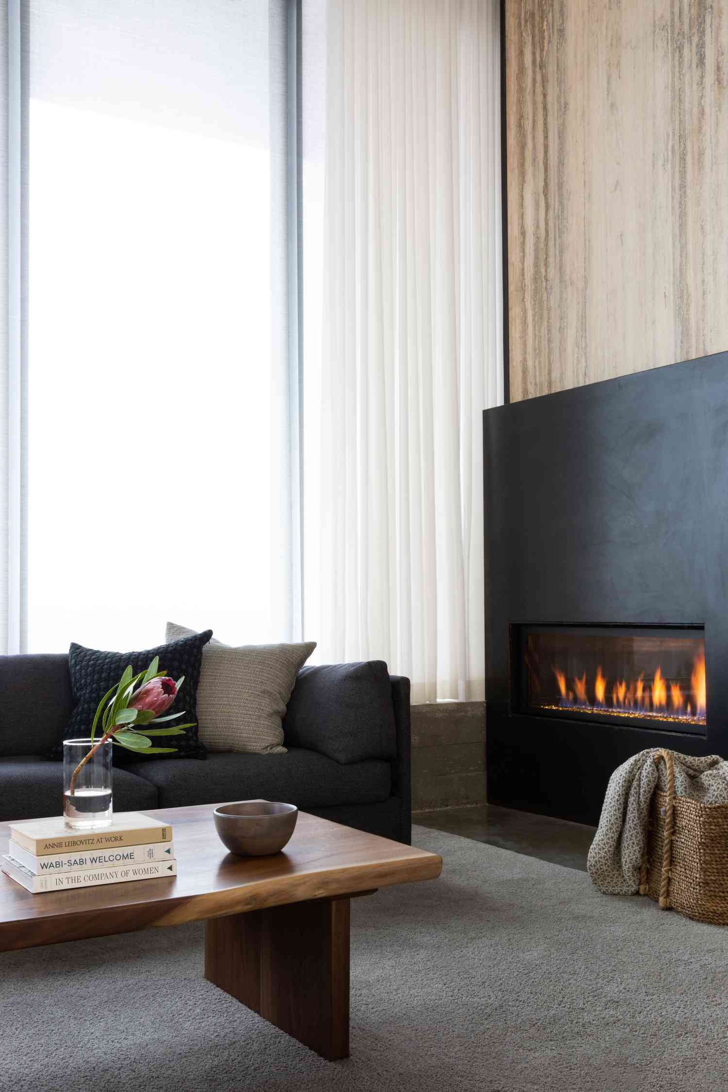 modern living room with black fireplace