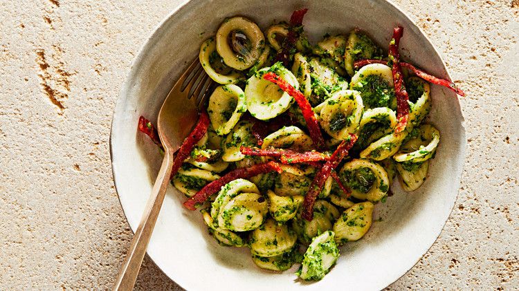 orecchiette with broccoli rabe pesto and crisp salami