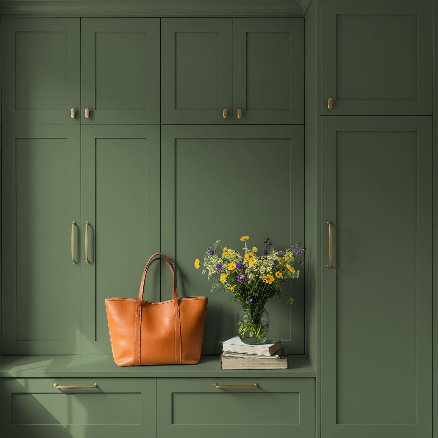 Cabinets with a handbag and a vase with flowers placed on top