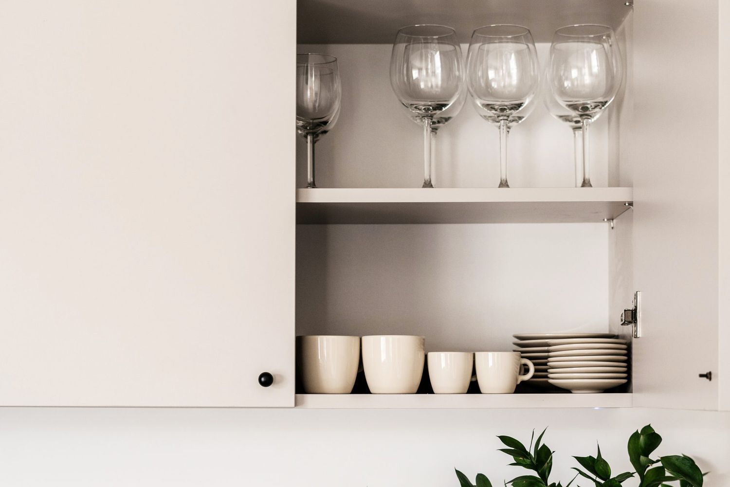 Modern white kitchen with an open cabinet for storing dishes and glasses