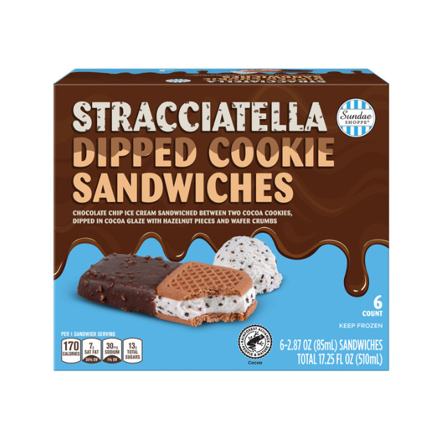 Box of Stracciatella Dipped Cookie Sandwiches showing product image and details