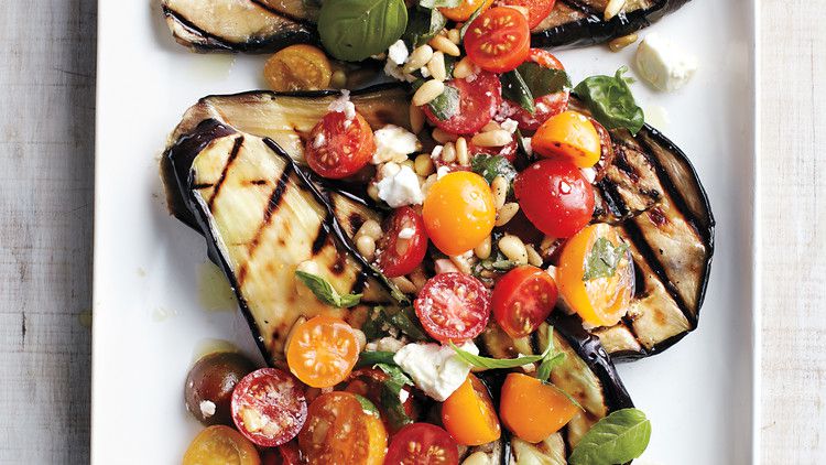 grilled eggplant with tomatoes, basil and feta