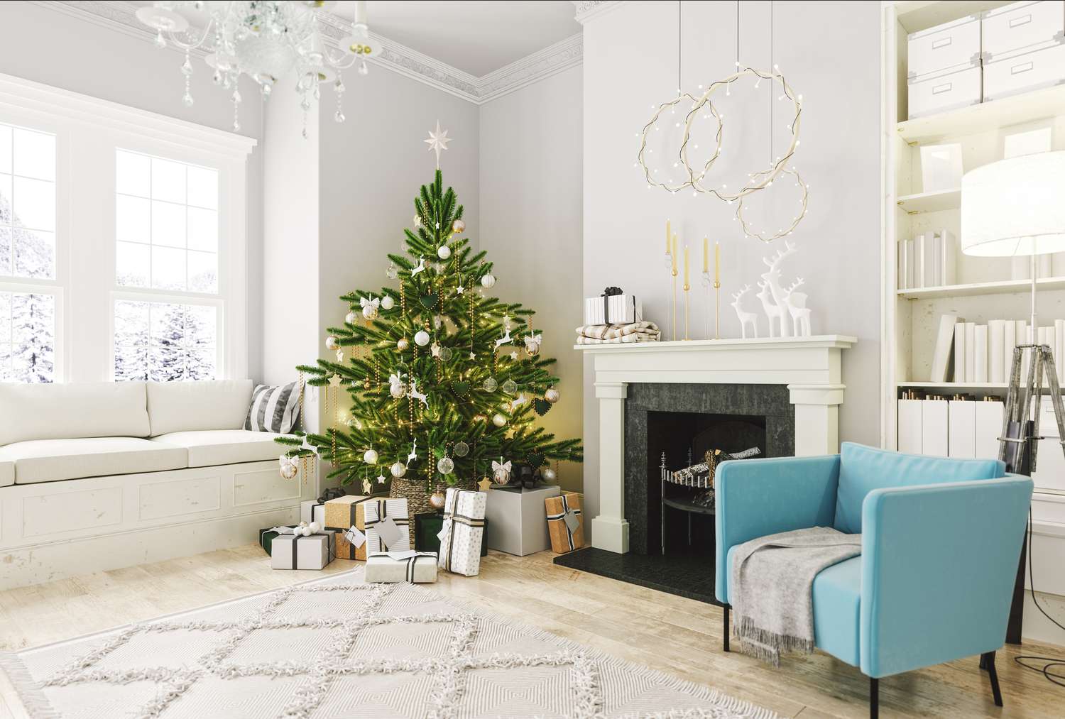 festive living room with a christmas tree and gifts