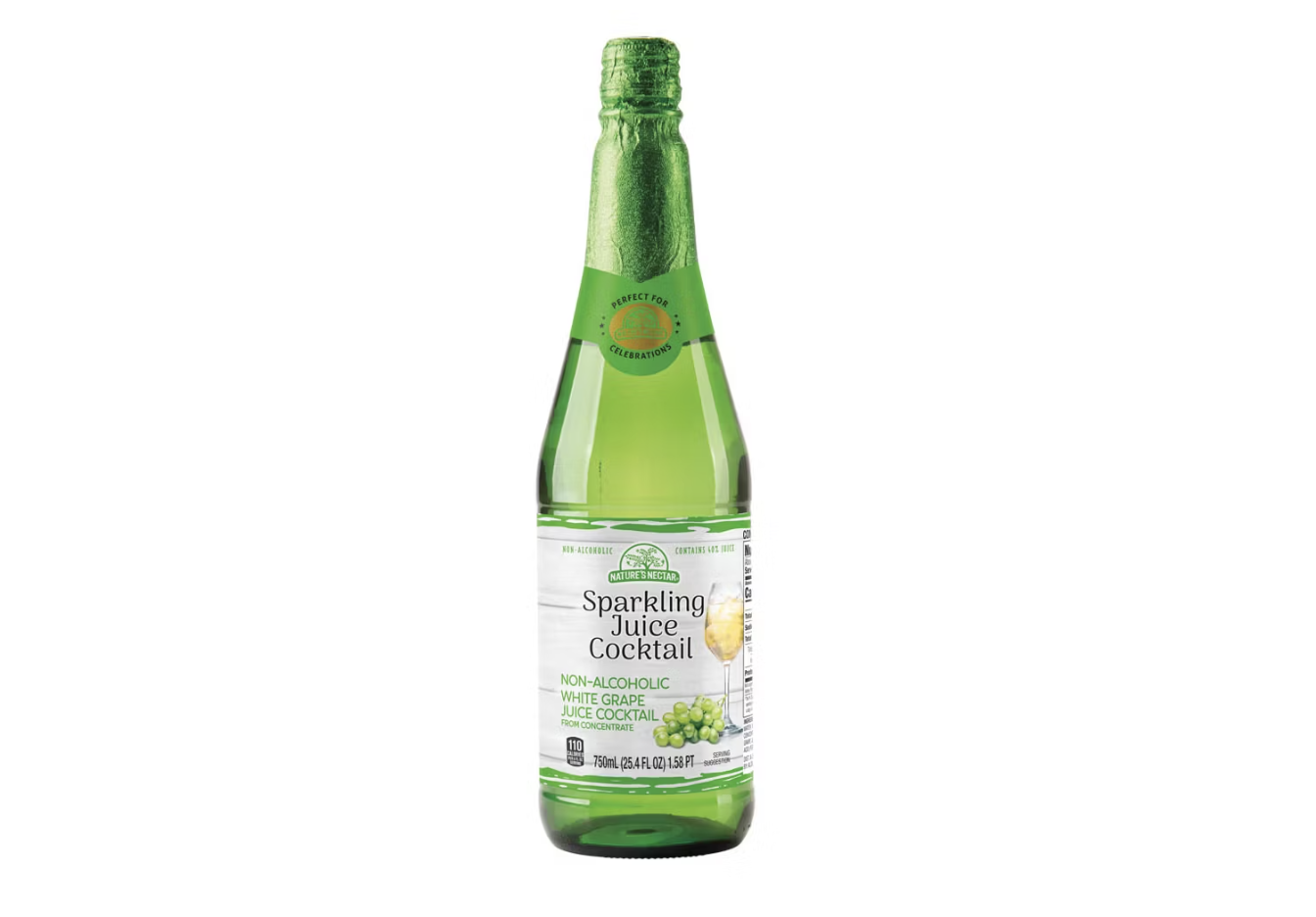 A green bottle of sparkling juice cocktail nonalcoholic and labeled with citrus and grape imagery