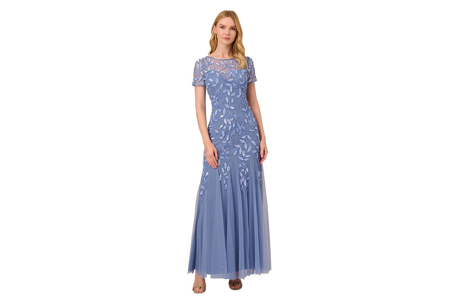 Adrianna Papell Hand Beaded Short Sleeve Floral Godet Gown