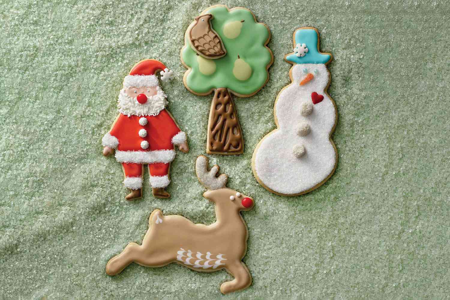 Christmas-themed cookies such as Santa, Snowman, Reindeer and Tree