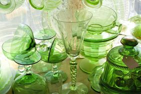 Colorful old Depression glassware in an antique shop