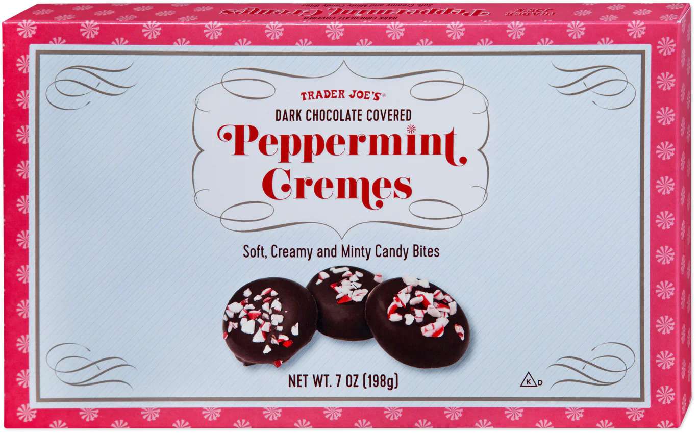 Packaging of Trader Joes Dark Chocolate Covered Peppermint Cremes