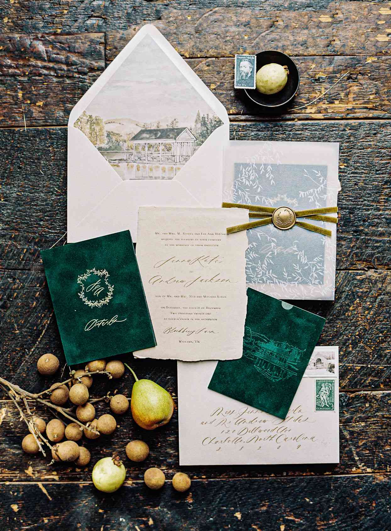 green and gold wedding invites