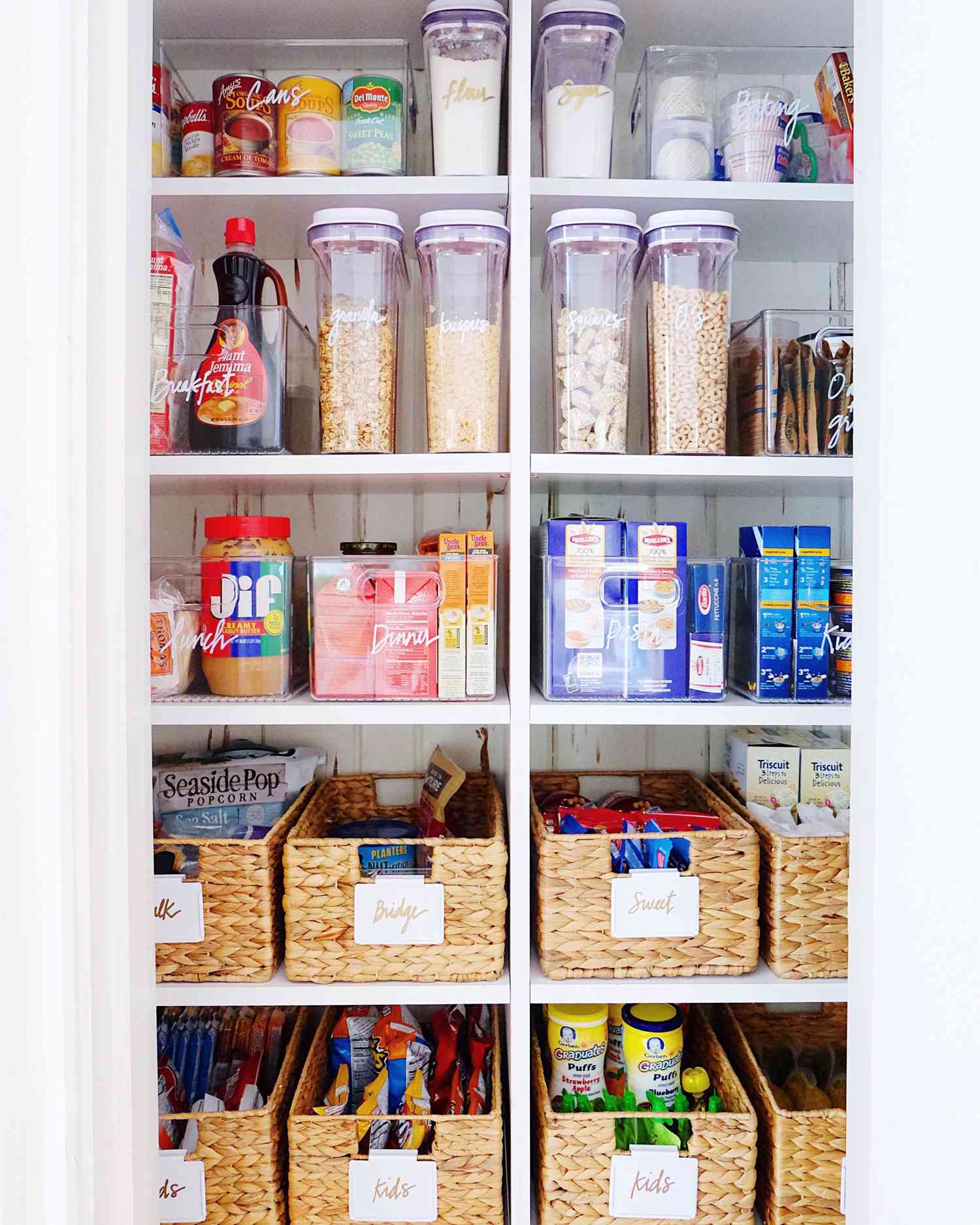 pantry organization baskets of snacks