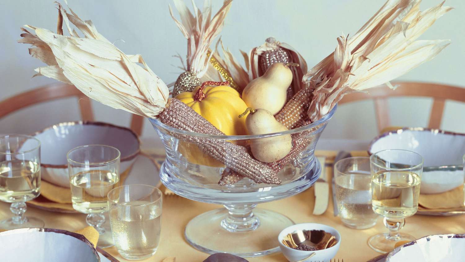 glittered corn centerpiece for a fall Thanksgiving table
