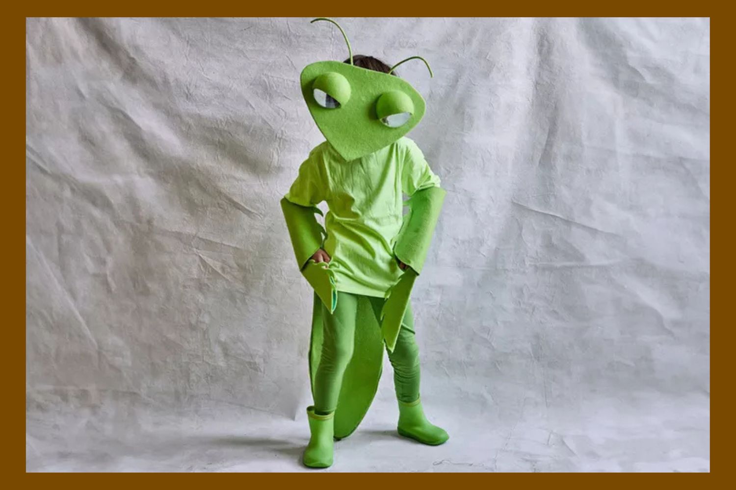 A child dressed in a green alien costume posing against a neutral background