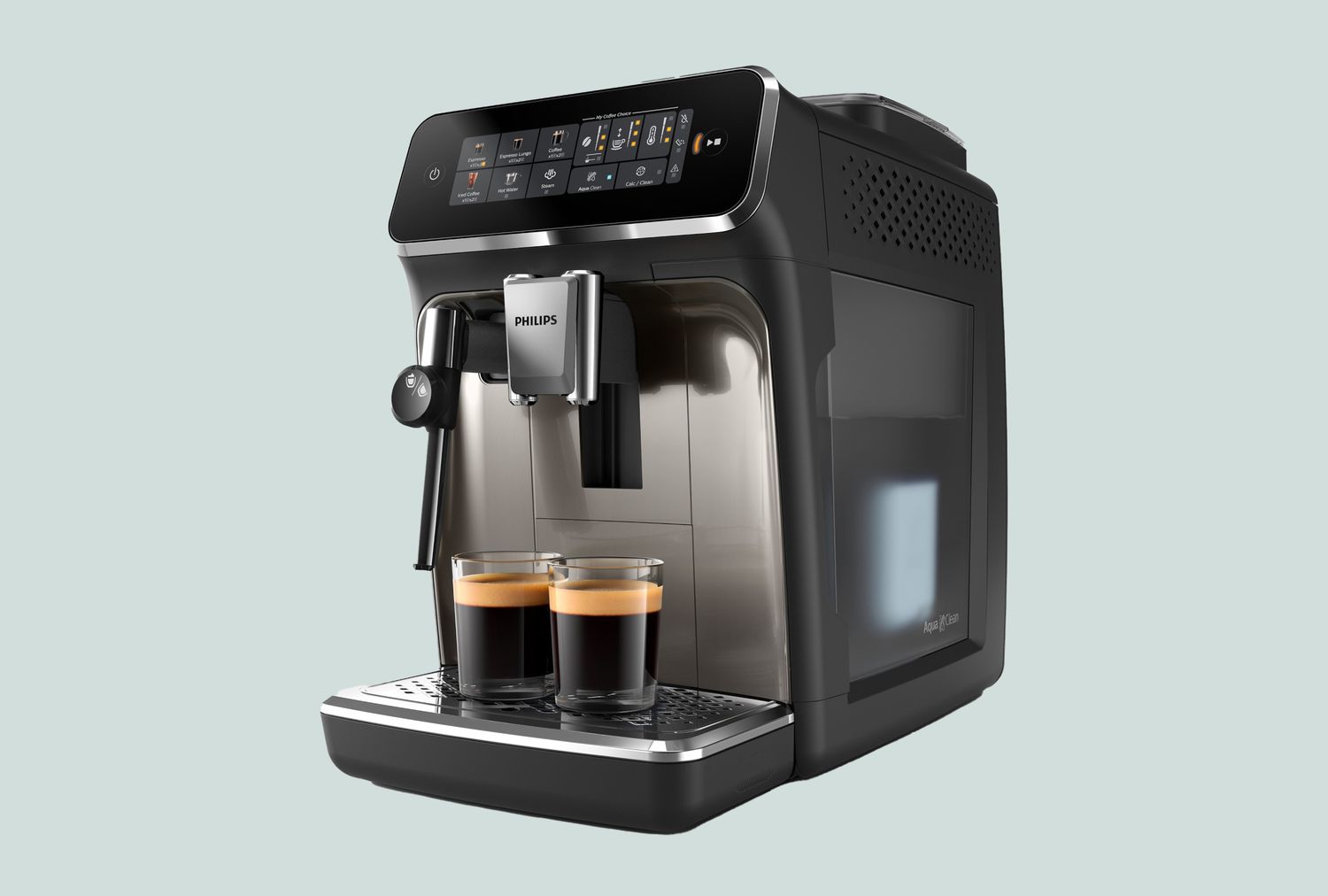 A Philips espresso machine with two glasses of espresso on the tray front view showing controls and water tank