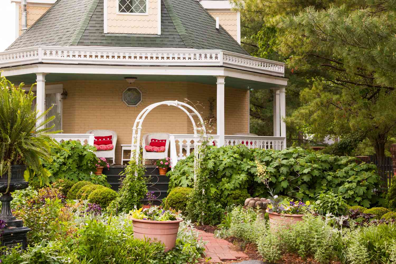 Lush green plants framing front porch