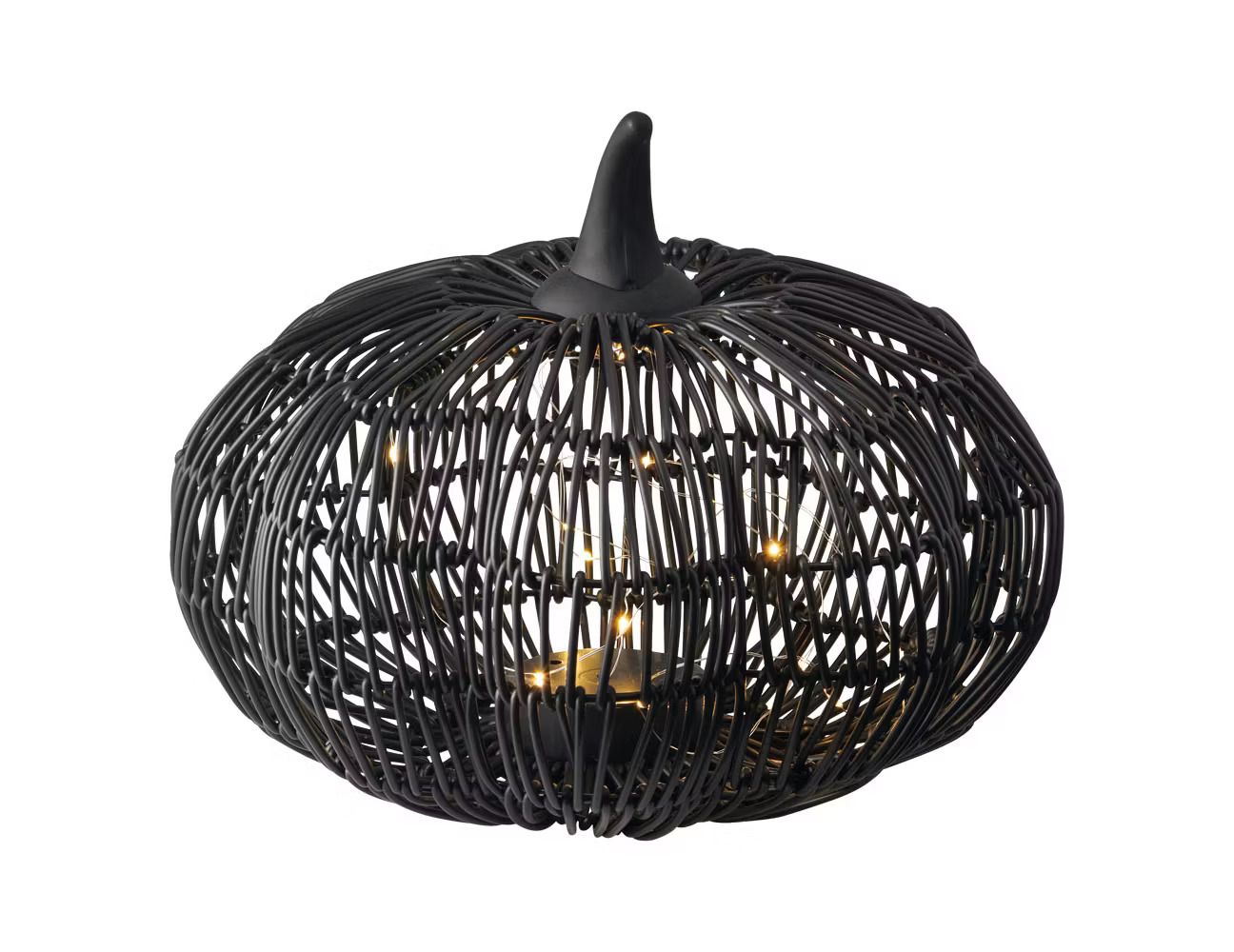 A decorative woven pumpkinshaped light fixture