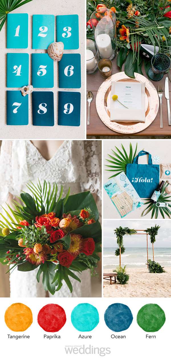 wedding color palette mood board tangerine, paprika, azure, ocean, fern
