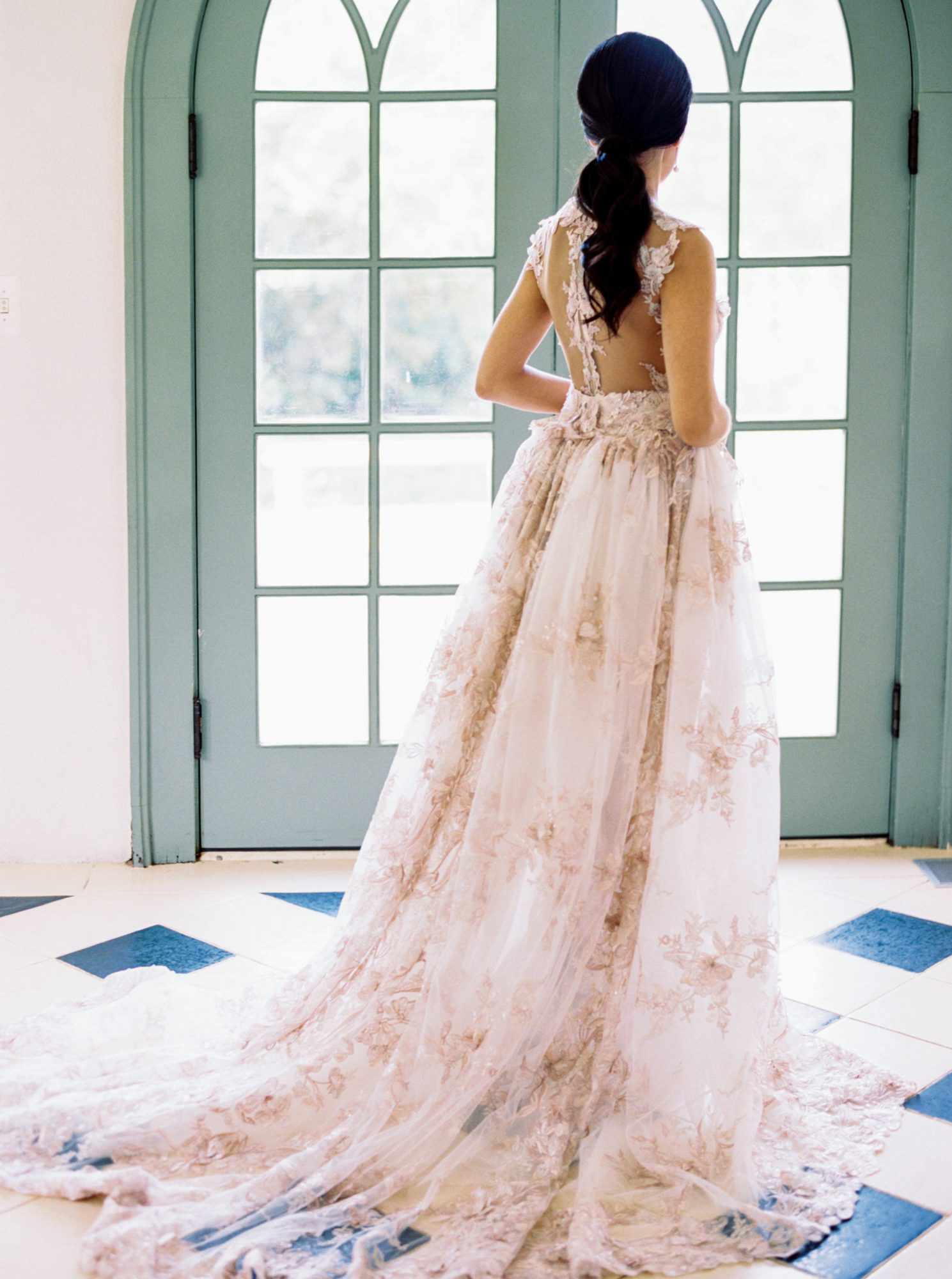 bride sheer wedding dress ball gown skirt back side