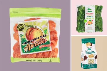 A package of dried apricots a spinach salad kit and a cookie snack bag arranged in a collage