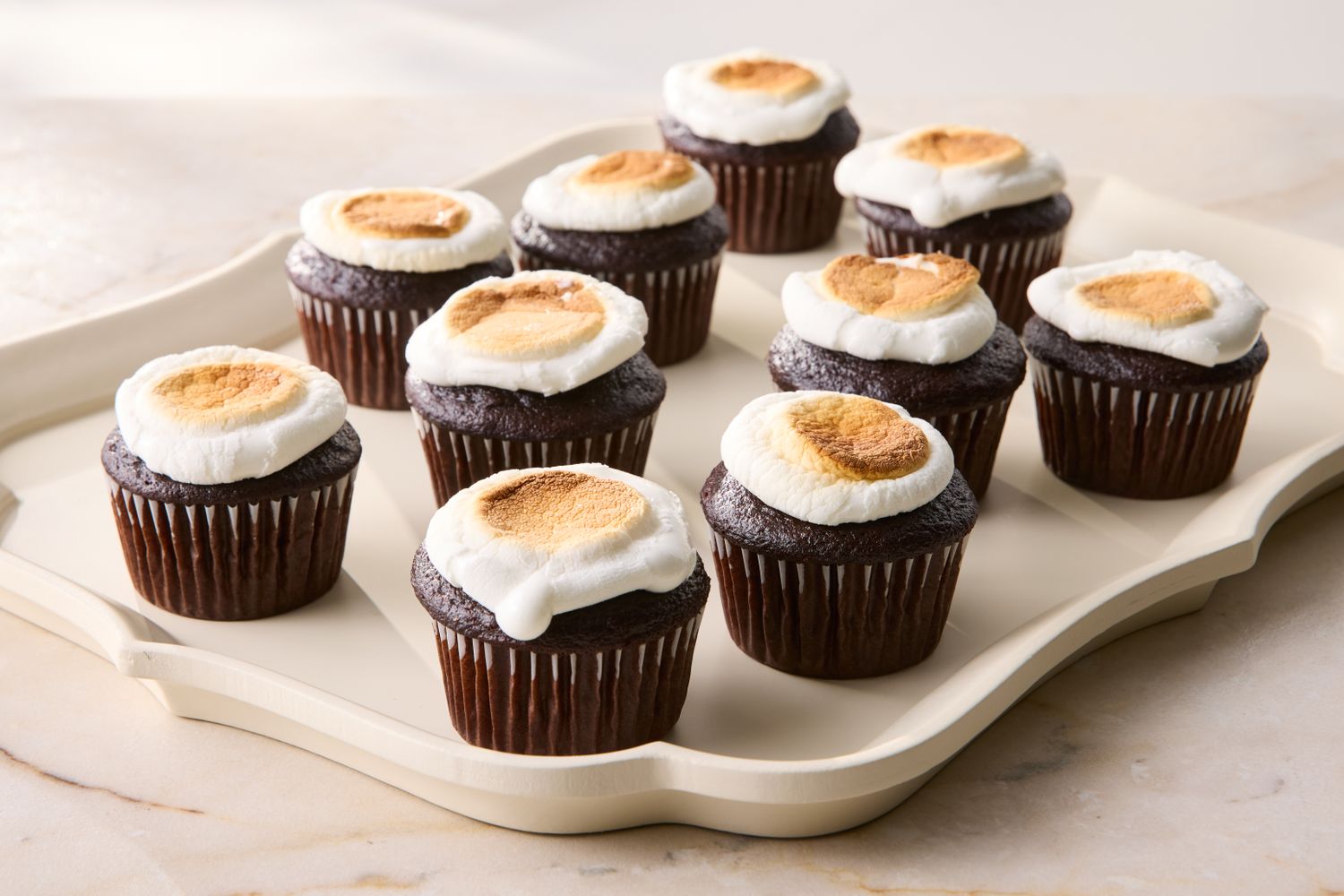 Tray of chocolate cupcakes topped with toasted marshmallows arranged in neat rows
