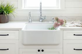 Porcelain kitchen sink with a faucet countertop with flowers and nearby cabinetry