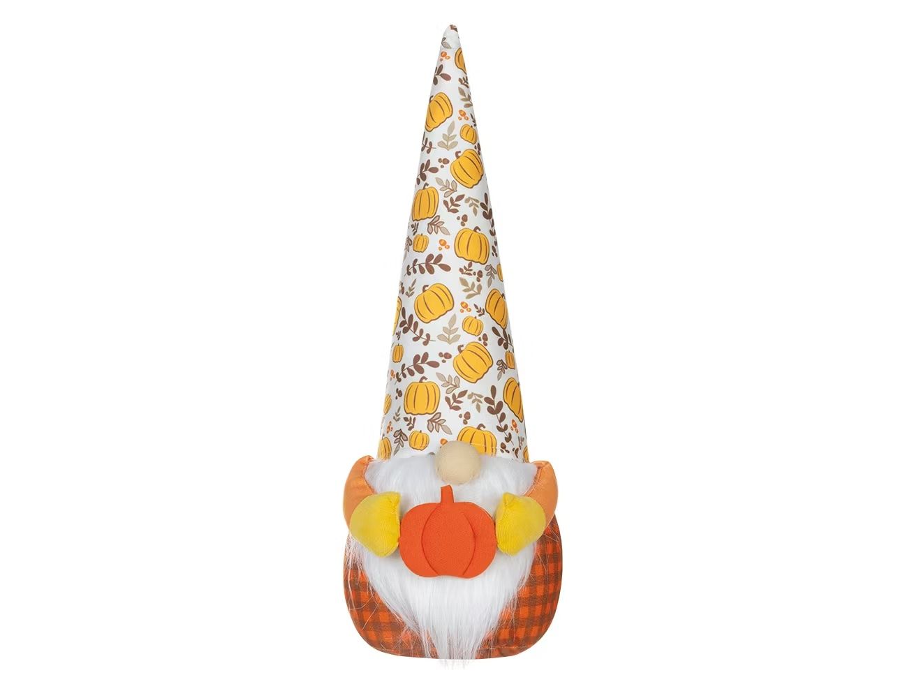 A decorative plush gnome with a pumpkin theme featuring a tall patterned hat and a pumpkin on its front