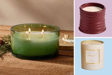 Three candles displayed side by side each in a unique decorative container