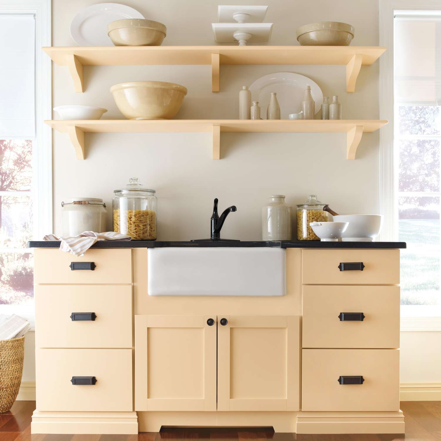 butter yellow kitchen with open shelving