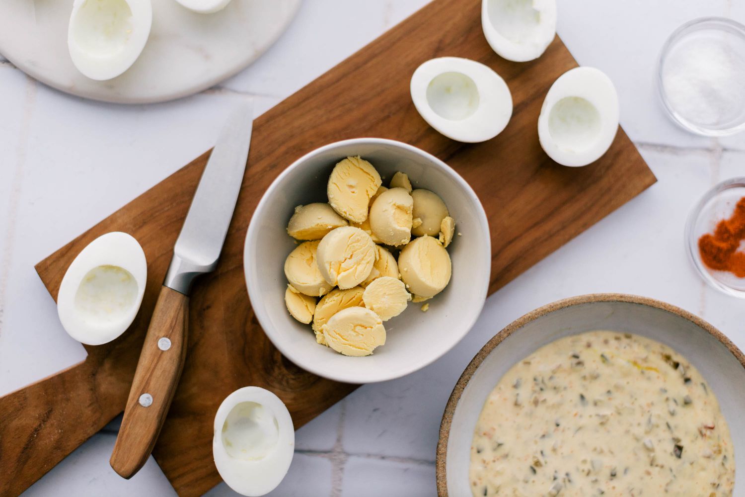 Yolks from hard-boiled eggs in a bowl