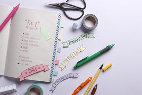 Opened bullet journal-style notebook with labels
