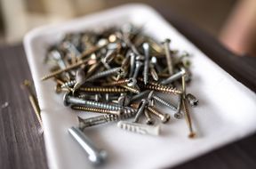 A closeup view of assorted screws and wall anchors on a tray