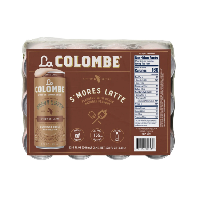 A packaged set of La Colombe Smores Latte canned drinks containing nutrition information on the front