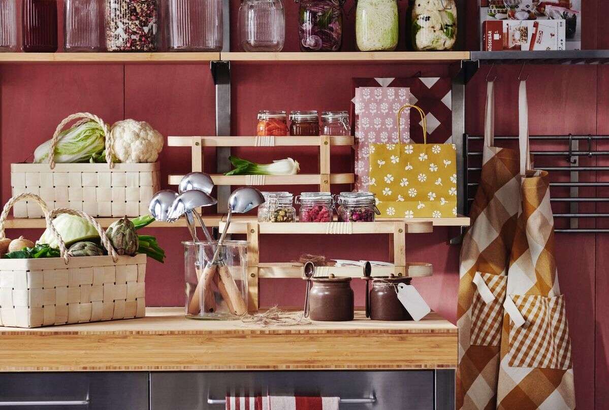 a kitchen with jars and baskets