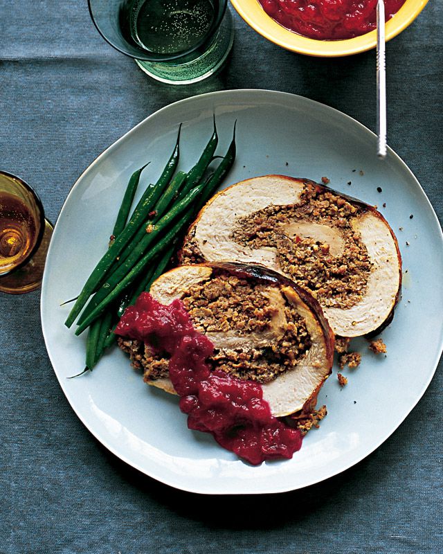 slices of rolled turkey breast with sausage-pecan stuffing