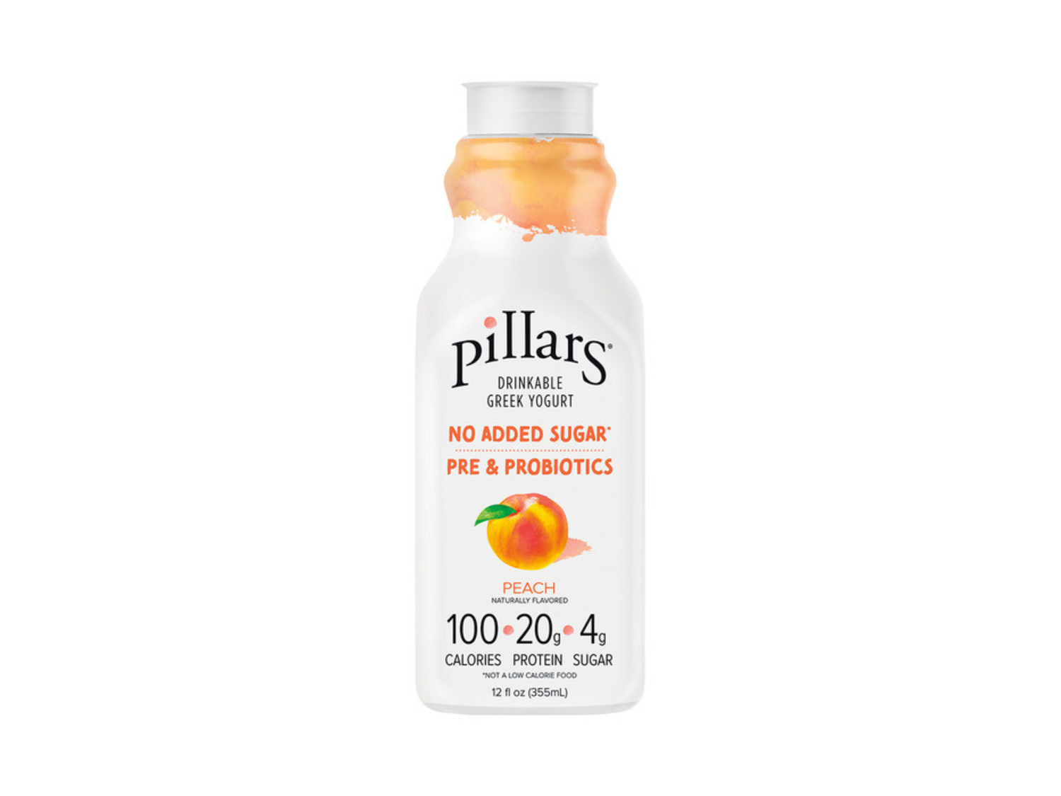 Bottle of Pillars drinkable Greek yogurt peach flavor labeled as no added sugar with pre and probiotics