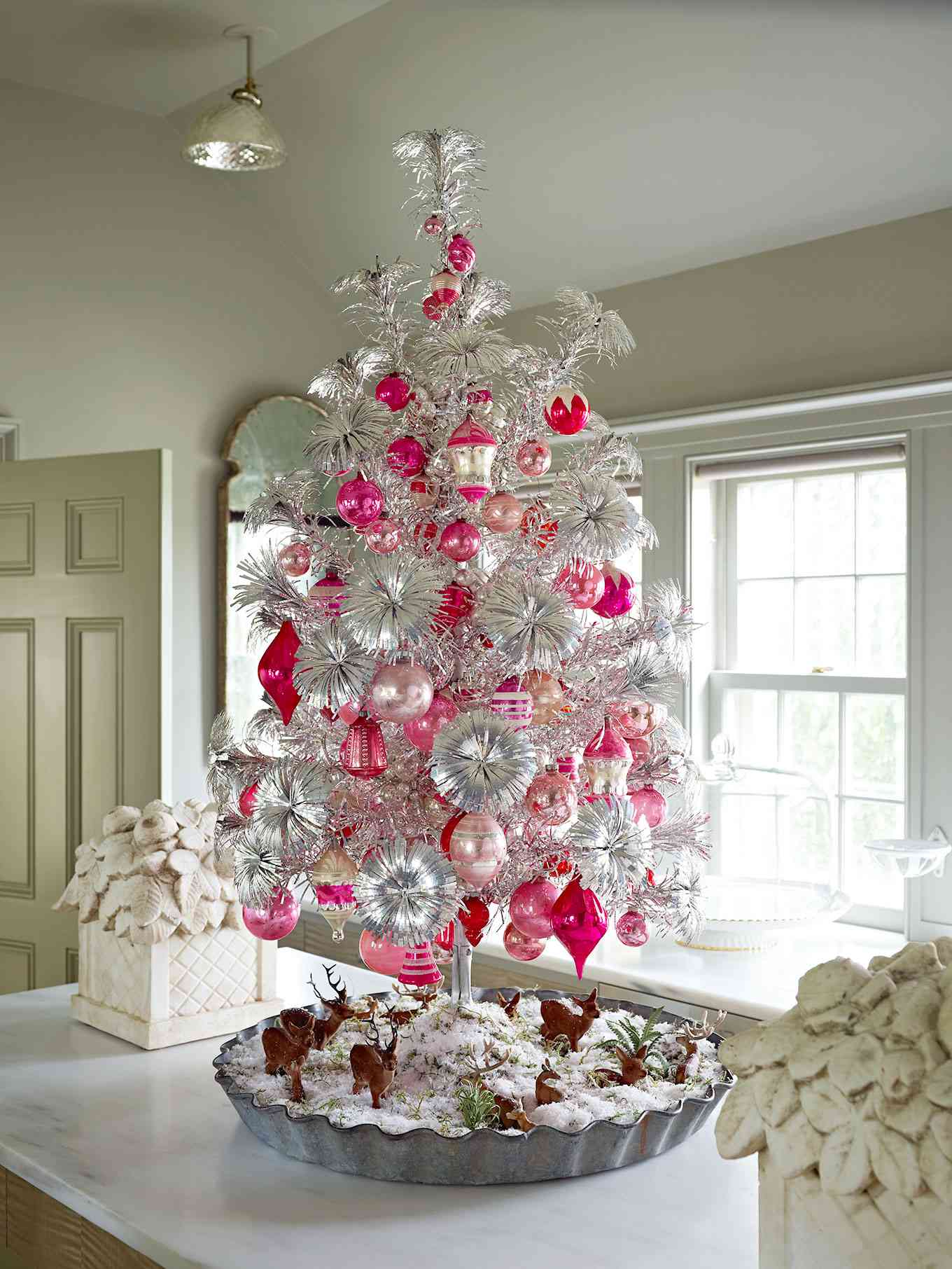 silver tinsel christmas tree