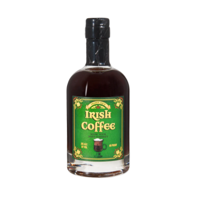 A bottle labeled Irish Coffee with a green and gold design