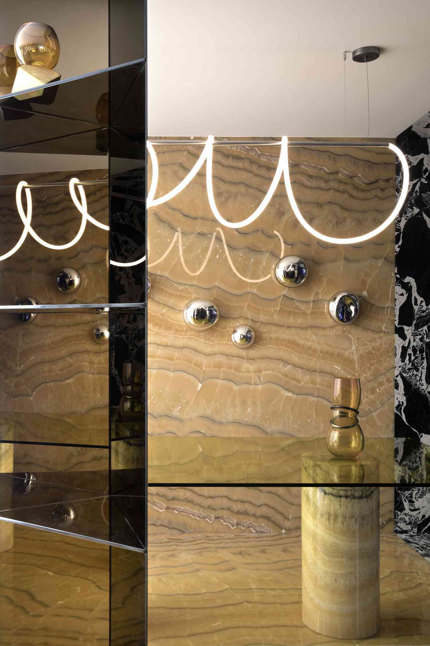 room with yellow stone on walls and floors