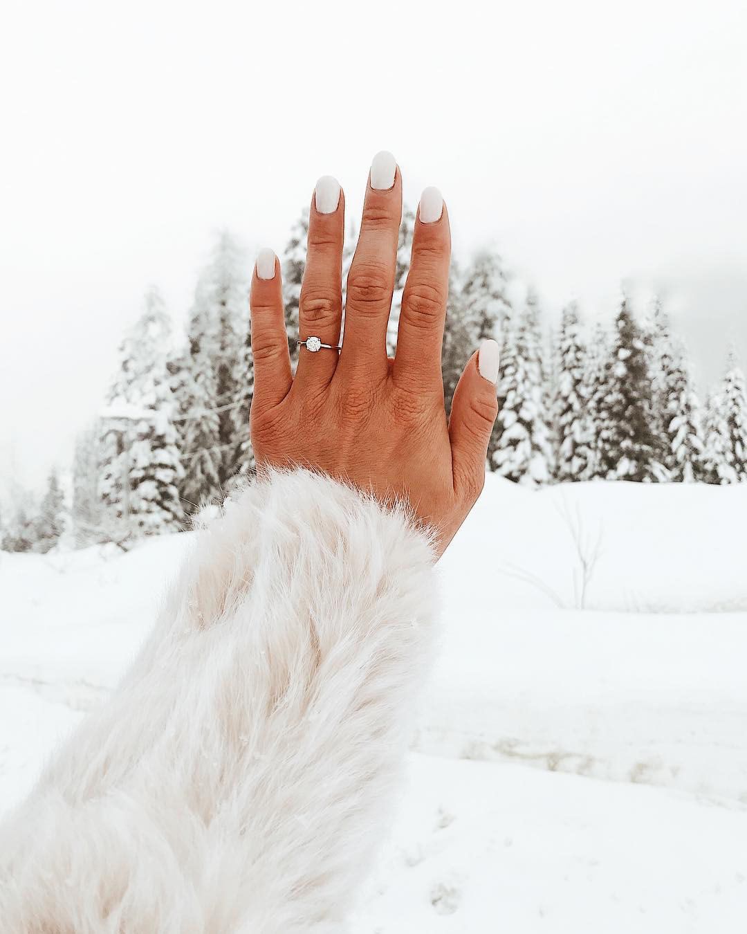 engagement ring selfie pine trees and snowscape