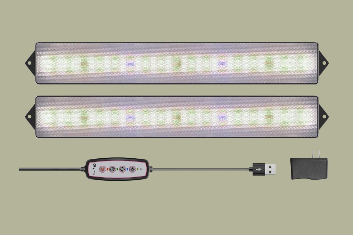 Two LED grow light bars with a control dial and USB power adapter
