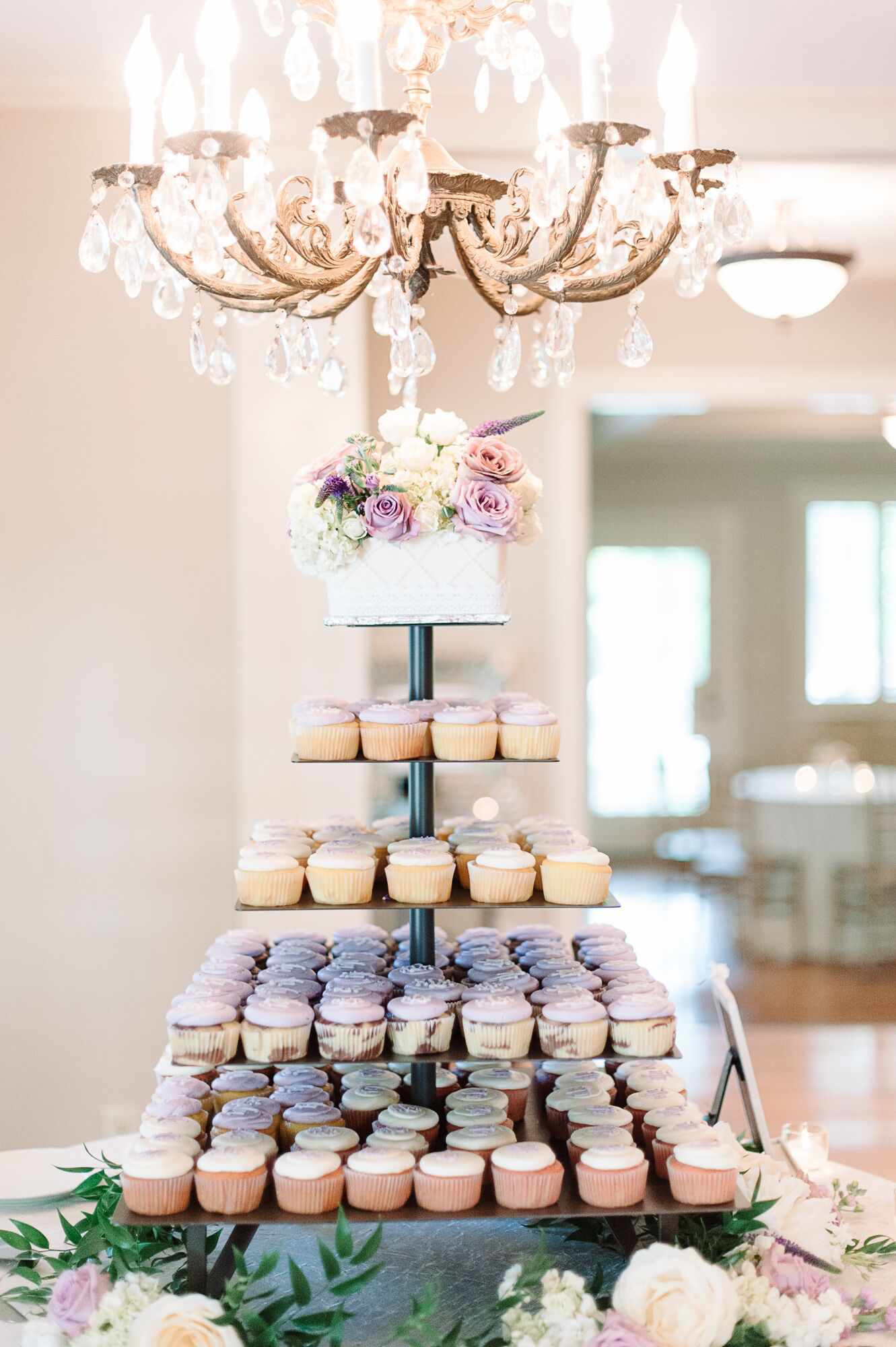 cupcake tier with purple and white cupcakes