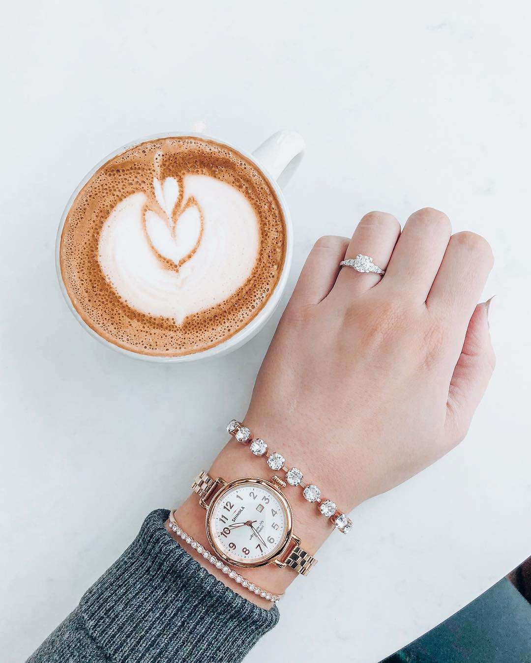 engagement ring selfie heart-shaped latte art