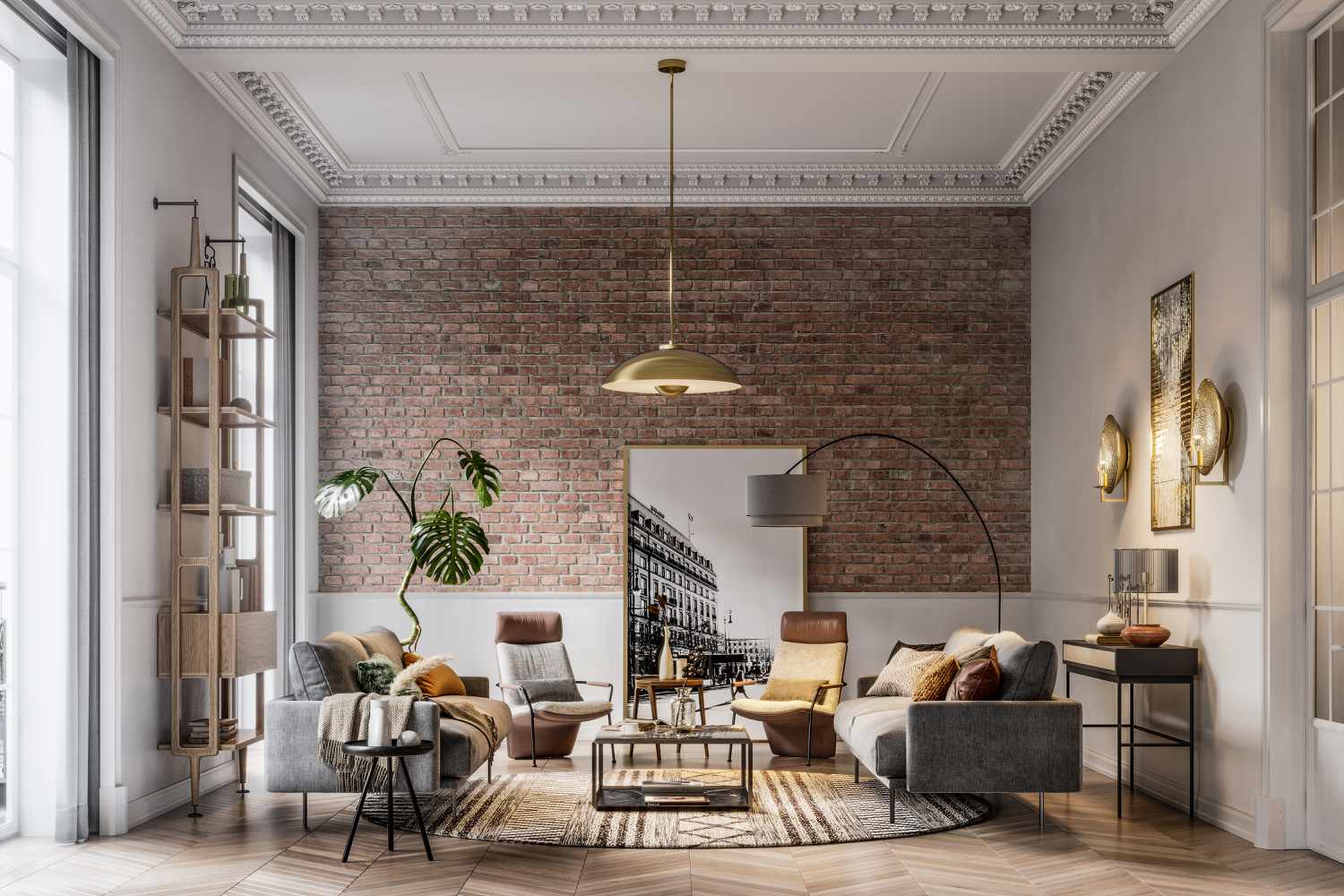 home with exposed brick wall and white molding