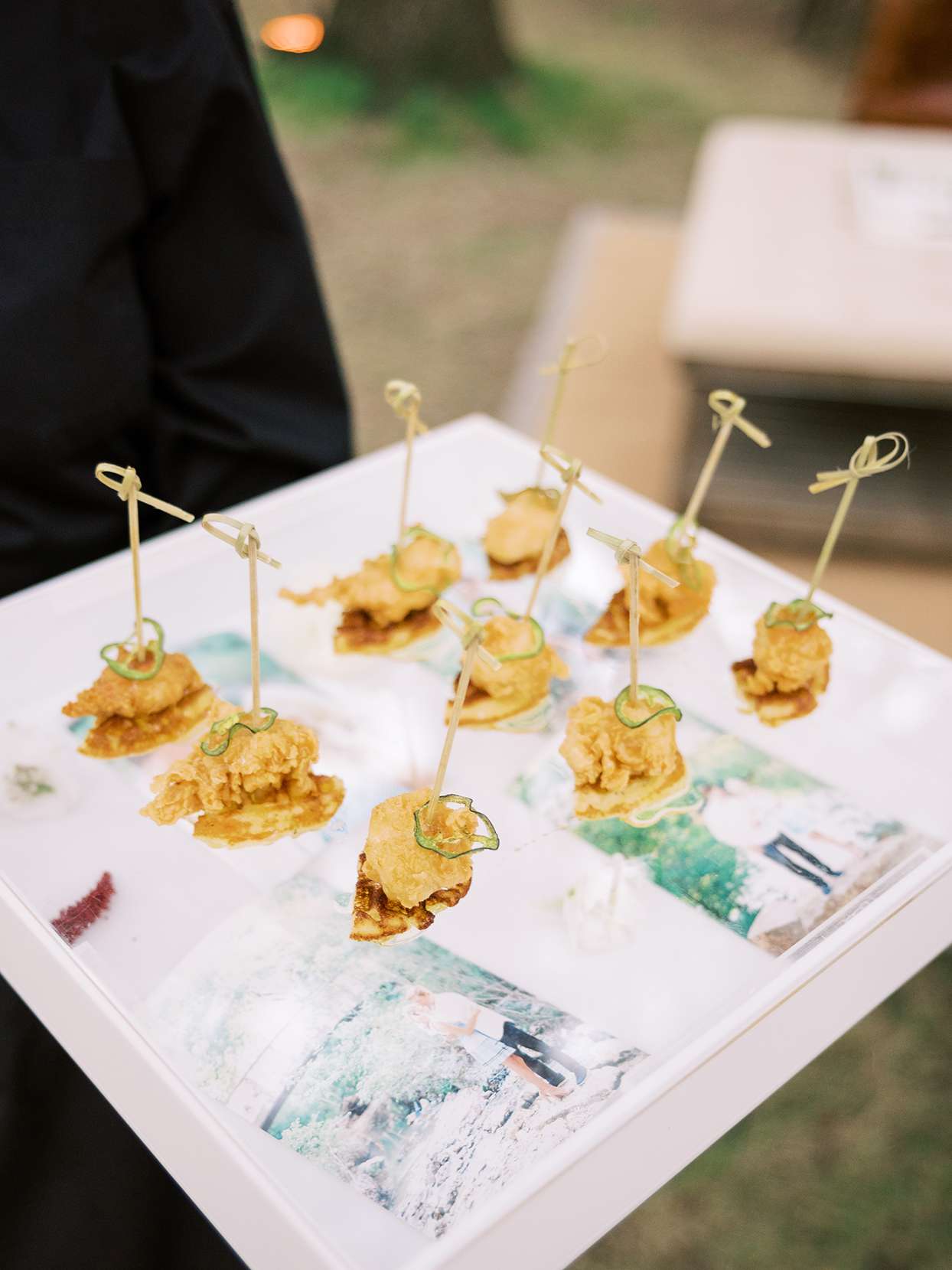 white cocktail tray with wedding appetizers