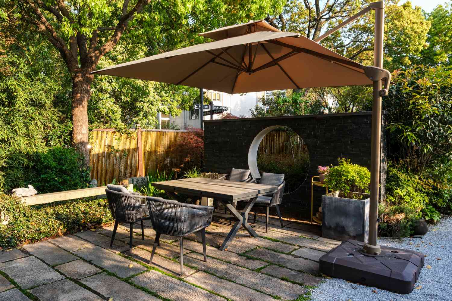 a large outdoor umbrella over a patio