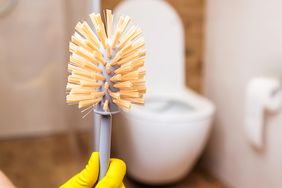 A toilet brush held near a toilet in a bathroom