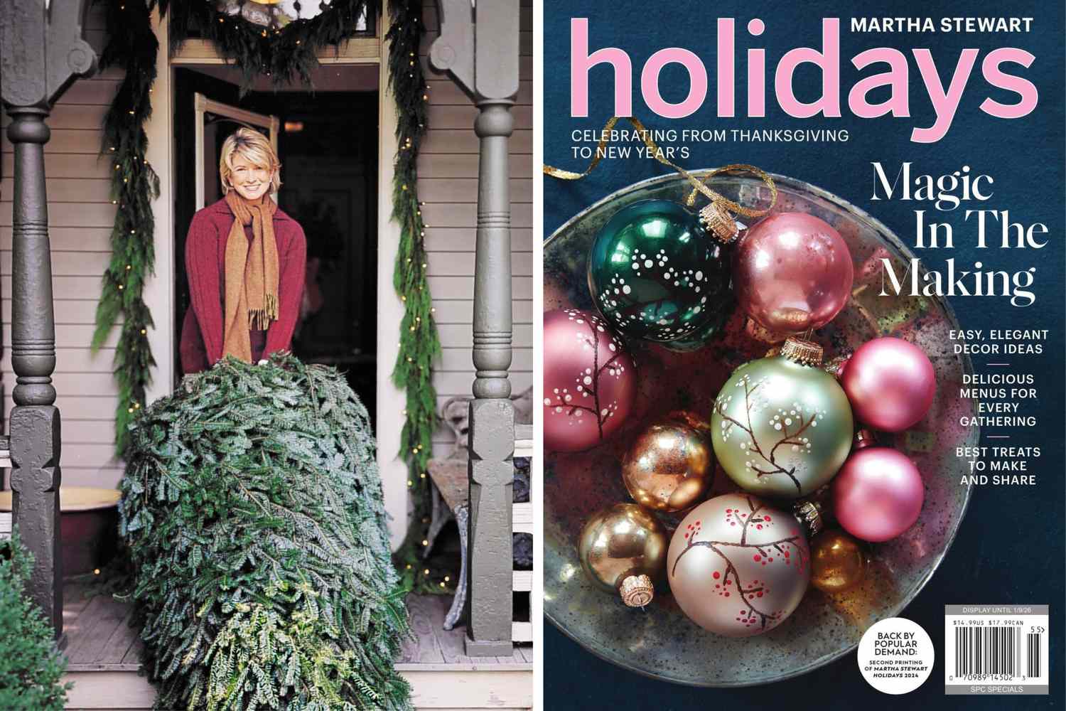 A person stands on a porch with holiday decorations and greenery next to a magazine cover featuring holiday ornaments and festive text