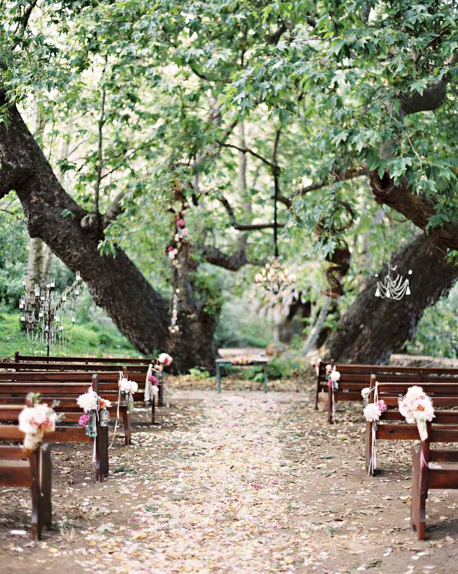 Chandeliers hanging from trees
