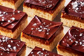 chocolate-peanut-butter-caramel cereal bars topped with flaky sea salt