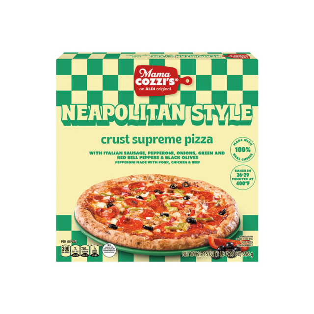 A box of Mama Cozzis Neapolitan Style crust supreme pizza